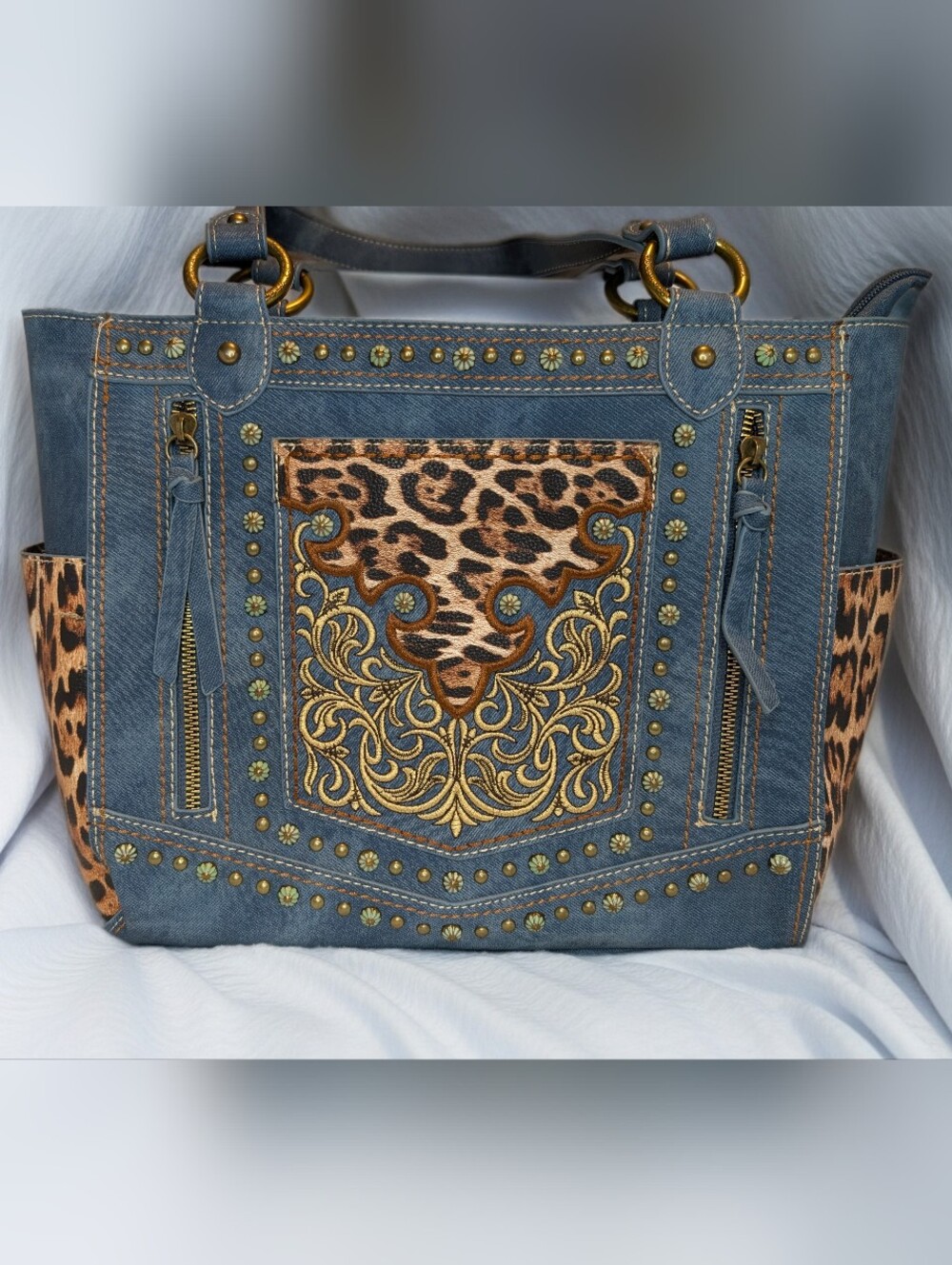 Montana West Blue Denim Tote with Leopard & Gold Embroidery